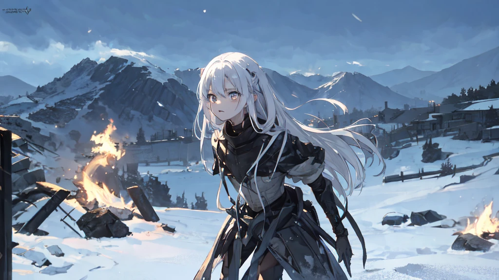 masterpiece:1.2), best quality , 独奏 ,pixiv, anime girl ，long straight white hair , black eyes ,Wearing off-white camouflage uniform ,ten years old，modern battlefield，(Eyes looking into the distance:1.3)，(look away:1.5)，snowy weather，dirty face，The background is a sea of fire with blood on the forehead，dirty face，Backlight，Bare rocky peaks ,Fierce flames are burning，The expression is sad，Grit your teeth，bullets flying
