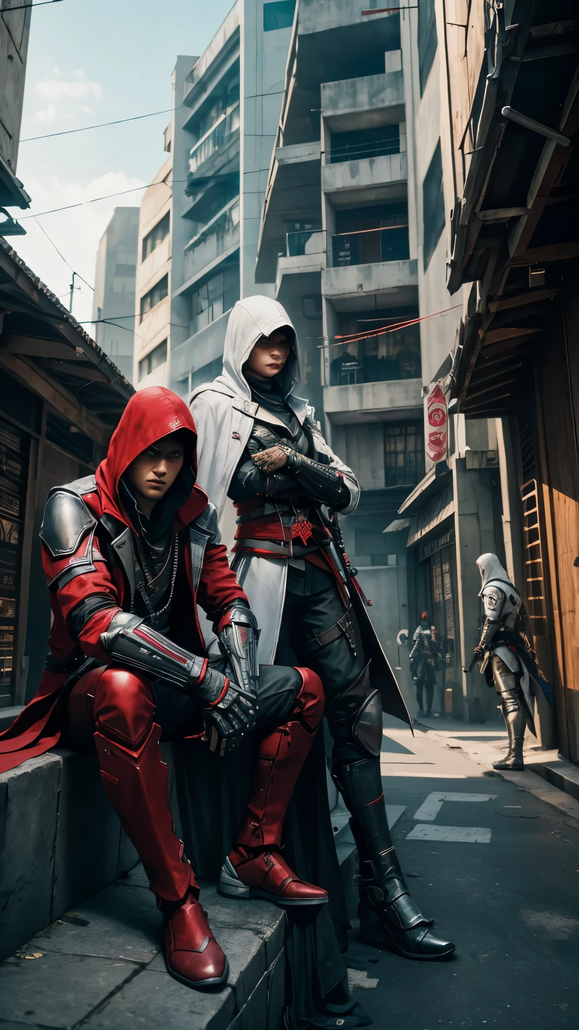 Two Cyberpunk Assassin's Creed Holding swords, Sitting on the rafters on the wall on the restaurant street on a modern street. Robots work everywhere. Modern weapons. Modern red suit. Electronic city. Modern weapons. White suit. Hold the blade. Metal robot arm. Hold the gun. Many people pass by.Cooldown. Cool pose.