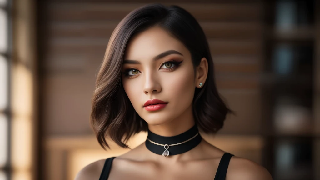 tmasterpiece,best qualtiy,hdr, hyper HD, 8K,Bokeh,Ultra-fine painting,Sharp focus,Physically-based rendering,Extreme detail description,portraitures,half-body photo, choker, (black eyeshadow:1.1), (red lips:0.95), looking at viewer, (EOS R8, 50 millimeters, F1.2, 8K, RAW photo:1.2)