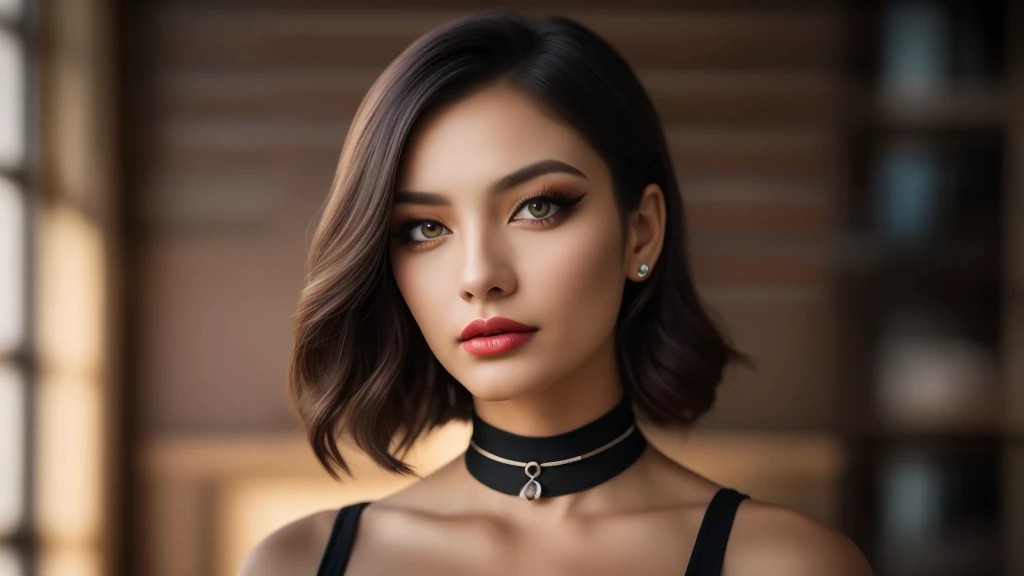 tmasterpiece,best qualtiy,hdr, hyper HD, 8K,Bokeh,Ultra-fine painting,Sharp focus,Physically-based rendering,Extreme detail description,portraitures,half-body photo, choker, (black eyeshadow:1.1), (red lips:0.95), looking at viewer, (EOS R8, 50 millimeters, F1.2, 8K, RAW photo:1.2)