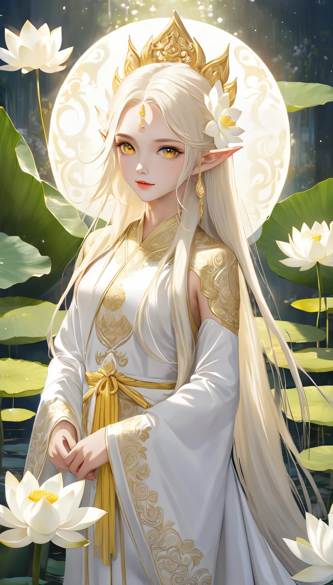 woman, white god, bright white blonde hair, bright yellow eyes, The longest hair, White lotus flower, elf ears, white light princess, Thai dress