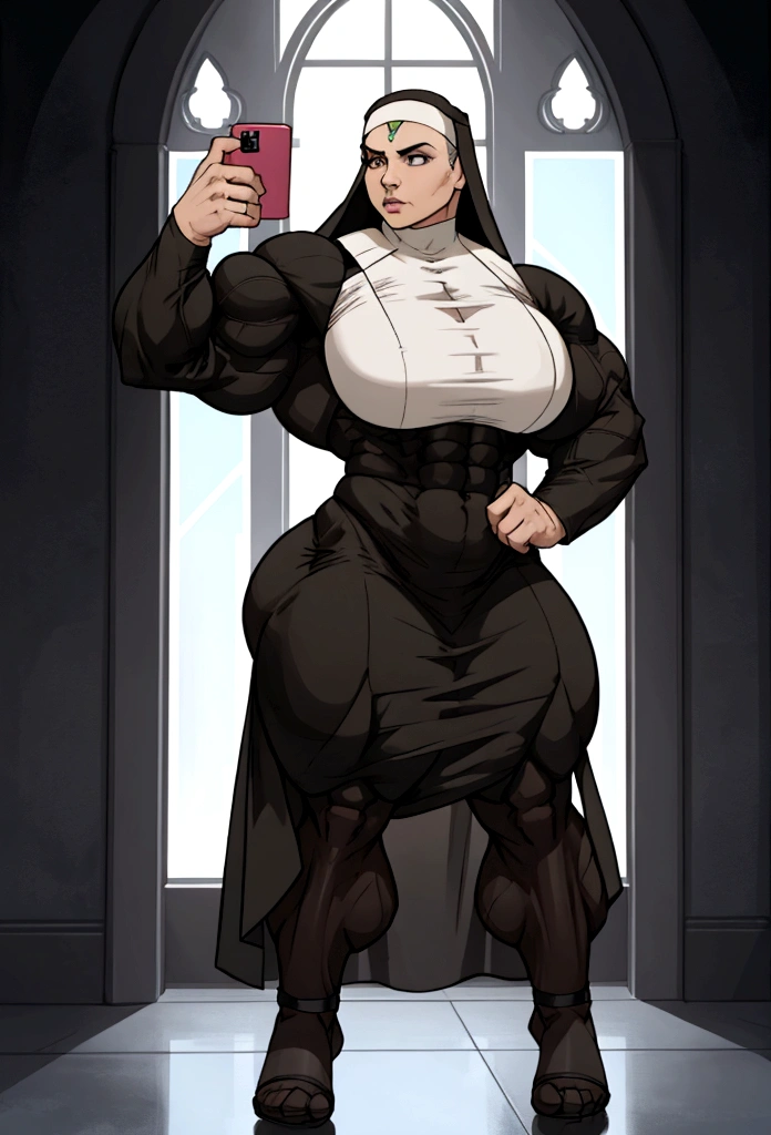very huge muscle power house  nun big pecs abs stomps on her phone