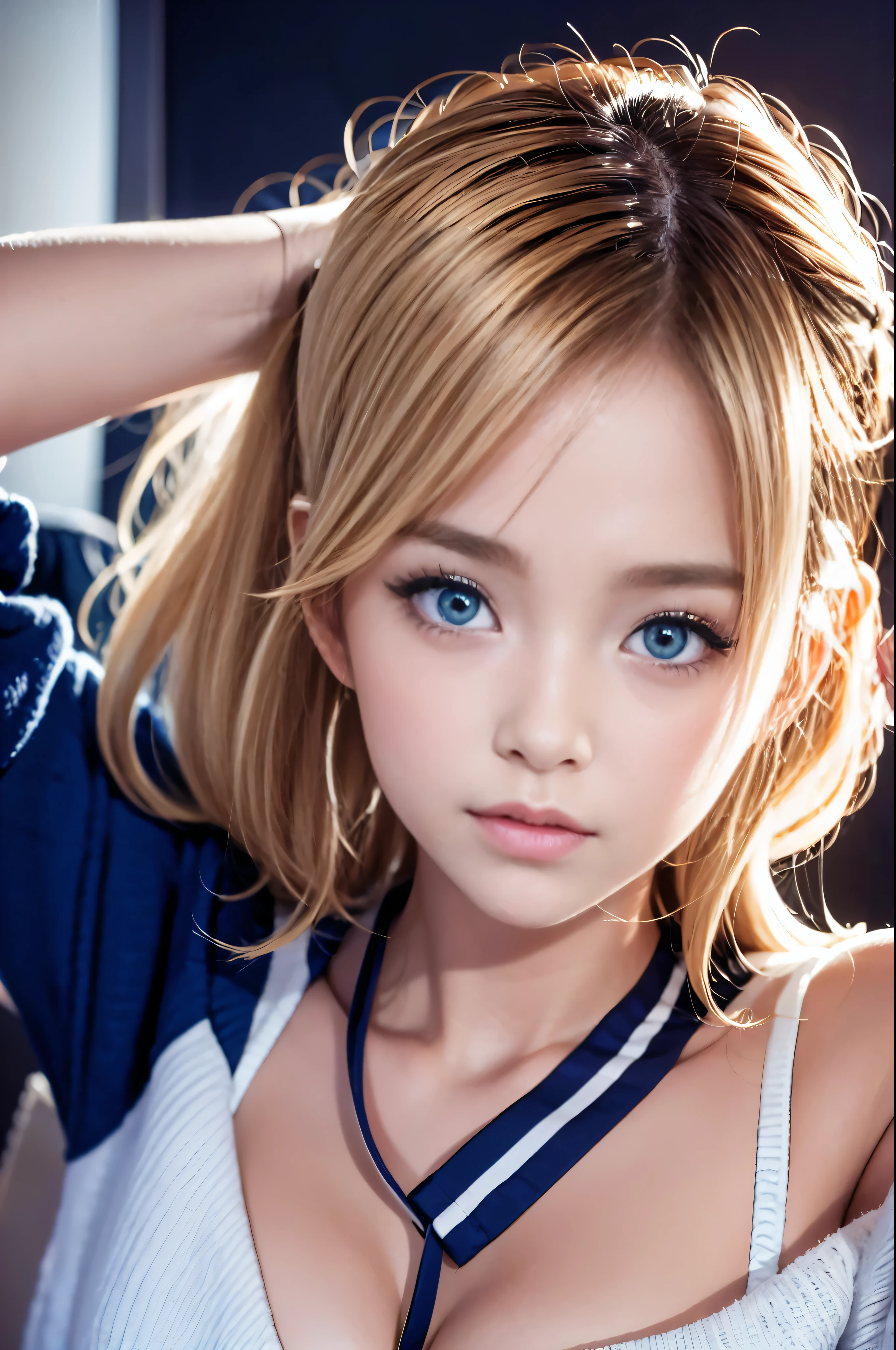 One Girl,(1人のとてもcute女の子:1.3),masterpiece,Highest quality,High resolution,Photorealistic,RAW Photos,Ray Tracing,beautiful girl,(:1.3),cute,Big eyes,blue eyes,(detailed pupils:1.2),(The face is facing straight ahead:1.3),Body facing forward,Beautiful nose,Fuller lips,Short blonde hair,ponytail,short hair,Detailed eyelashes,Thin eyebrows,Very fine grain definition,(Symmetrical eyes:1.3),(Face close-up,Face Focus:1.0),Small breasts,White and navy blue sailor suit,,Afternoon Classroom,Portrait,View Viewer,Upper Body,Cinema Lighting,High resolution,Very detailed