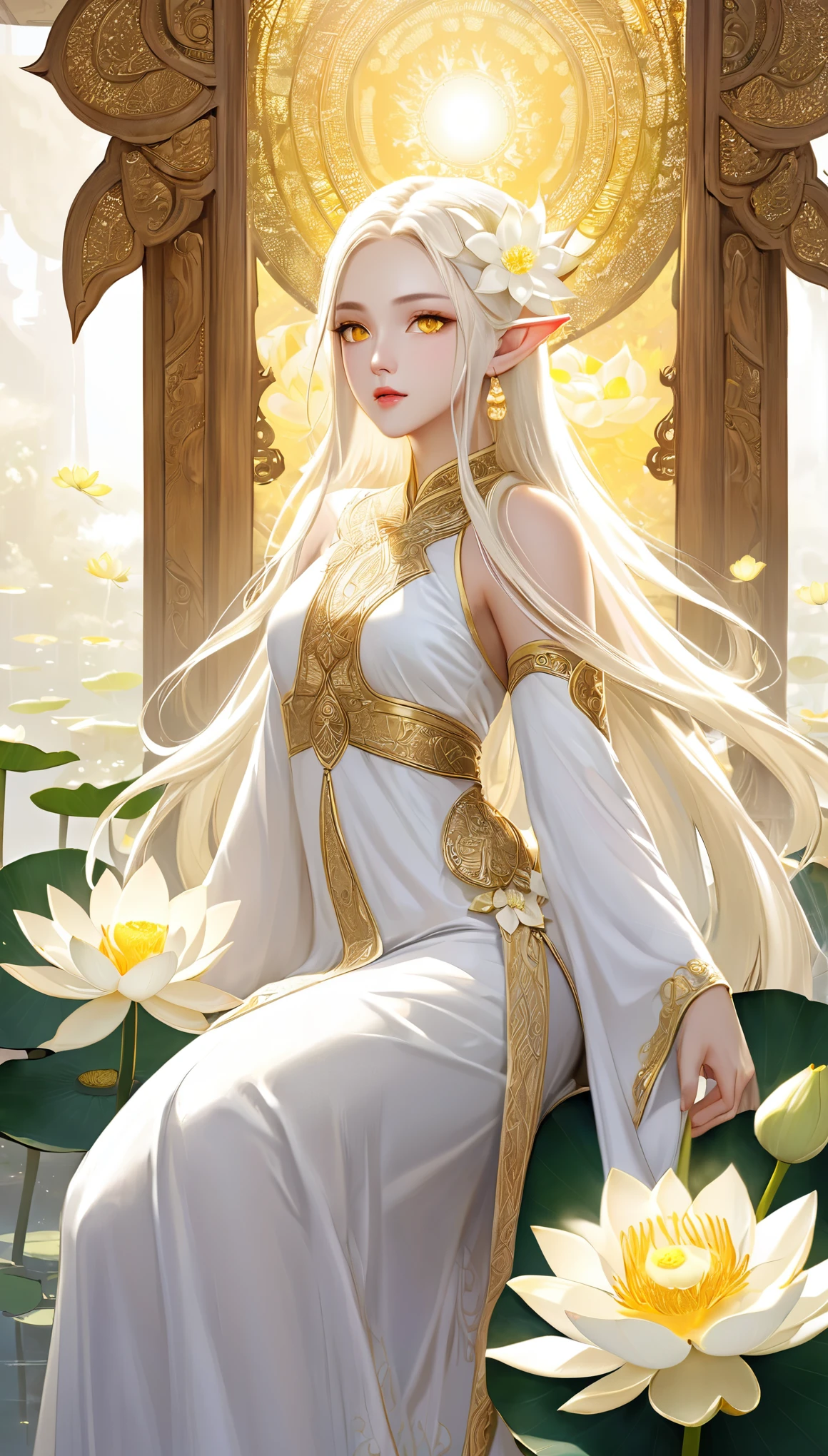 a beautiful elf with silver hair, yellow eyes, Elf's ears, White skin, big bust, sensual, glaring at you (to throw)