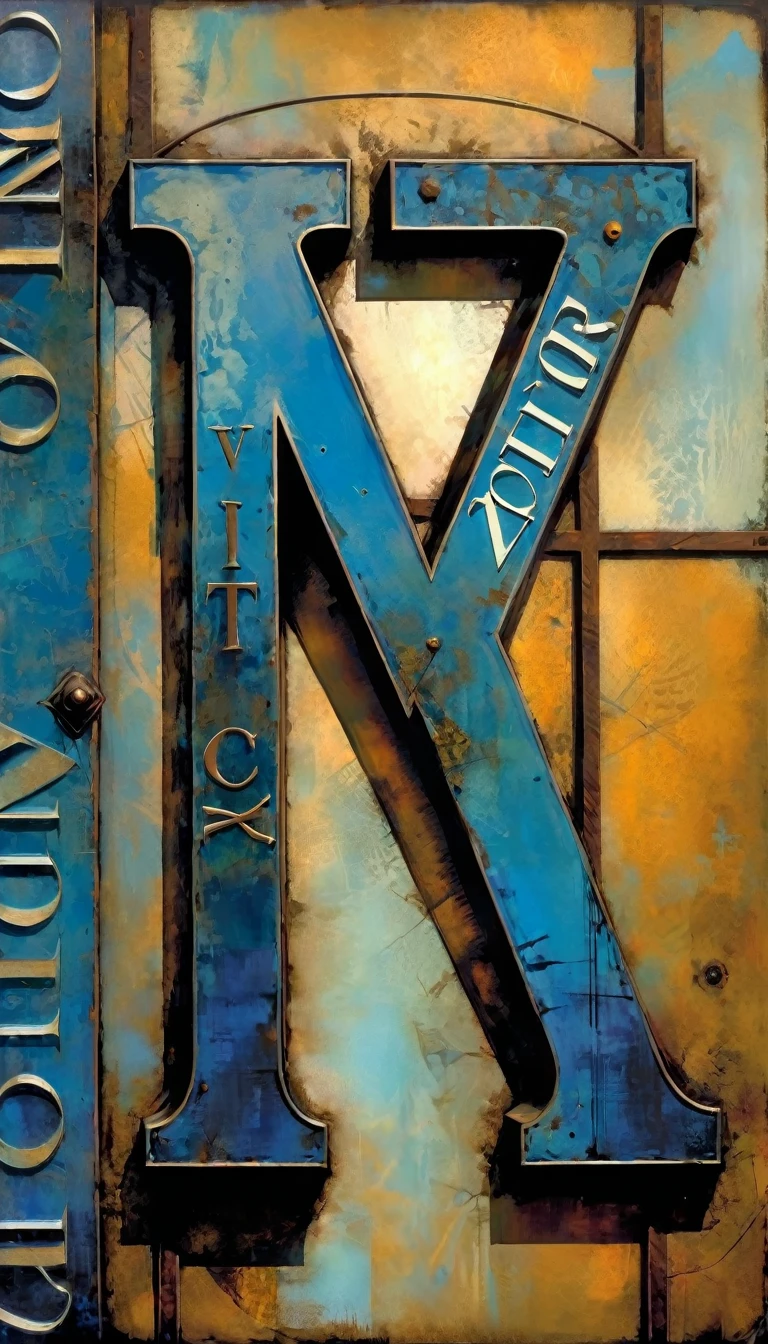 rusty blue sign with text: "VICTOR", metallic blue letters, (Dave Mckean inspired art, intricate details, oil painting)