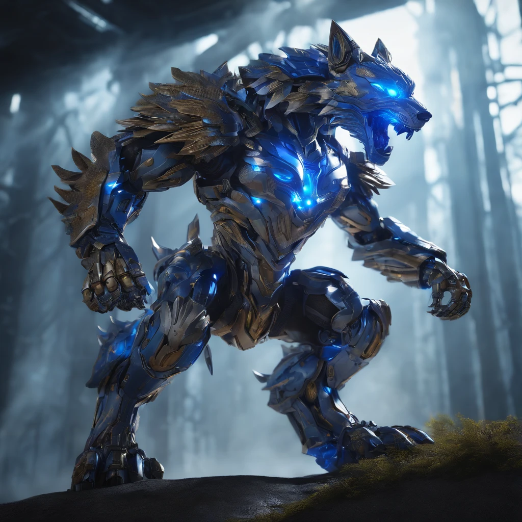 a highly detailed metal garurumon, robot wolf, futuristic cyborg, intricate metal armor, glowing blue energy, dynamic action pose, epic sci-fi scene, cinematic lighting, photorealistic, 8k, hyper detailed, masterpiece