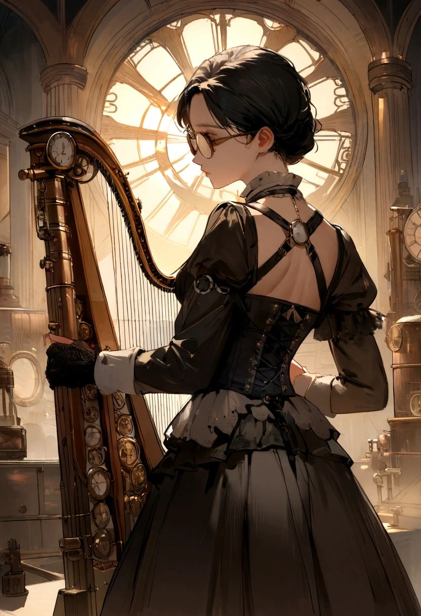 (voodoo doll playing knitted harp:1.2), (Voodoo Steampunk:1.3), (badass clothing: leather corset, aviator glasses, Gears and mechanical parts:1.0), (in the background steam engines, airships and Victorian buildings:1.2), best qualityer, work of art, detailed soft oil painting, detailed back ground, dramatic cinematic lighting, soft edge lighting, proffesional, dramatic lighting, hard edge lighting, ultra quality, 4K, work of art, best qualityer, 8K, ultra high definition, high resolution, extremely detaild, perfect details of the harp.