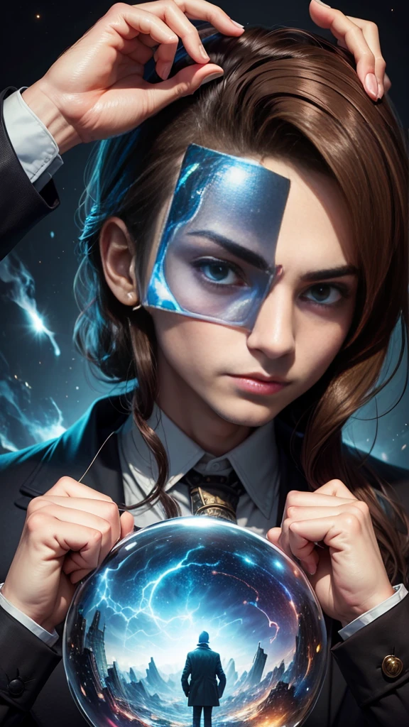 Detective of the universe with his face covered by something in a creative way with the Detective being a ager