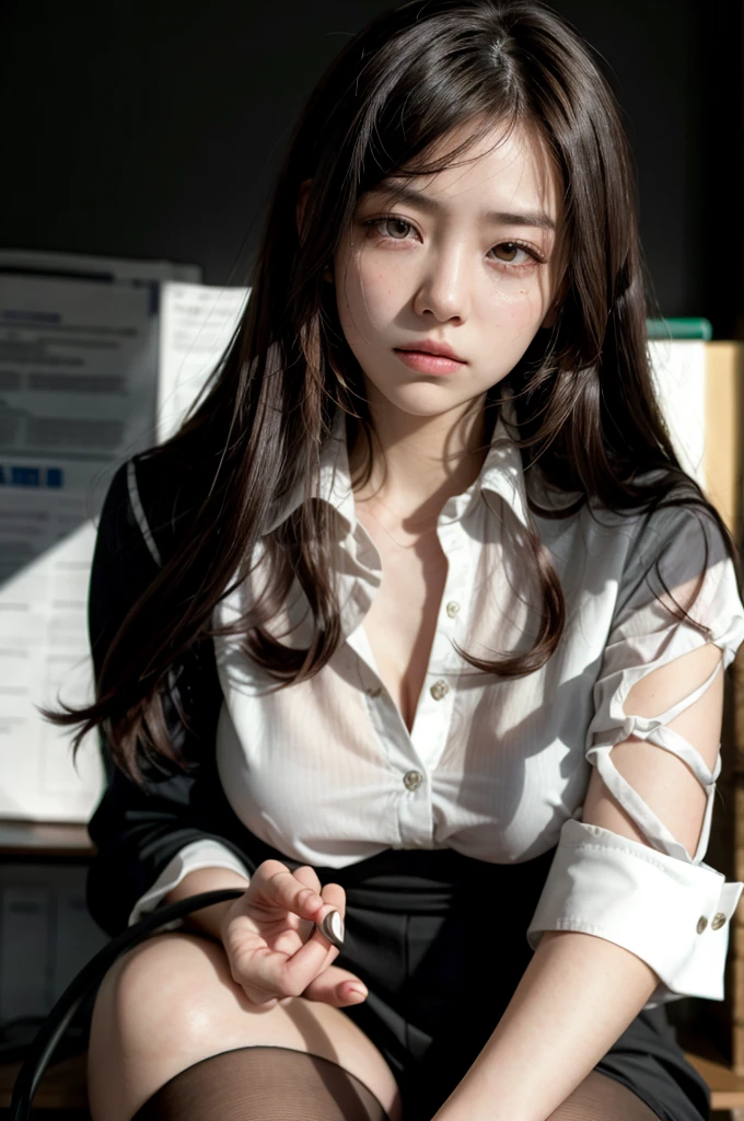 girl with long brown hair, wearing a white blouse, office, black walls, serious atmosphere, masterpiece