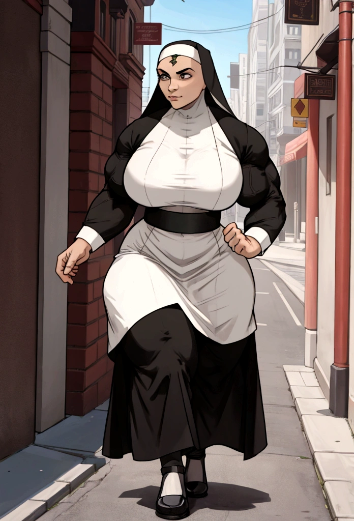 hypermuscular woman nun walking at city