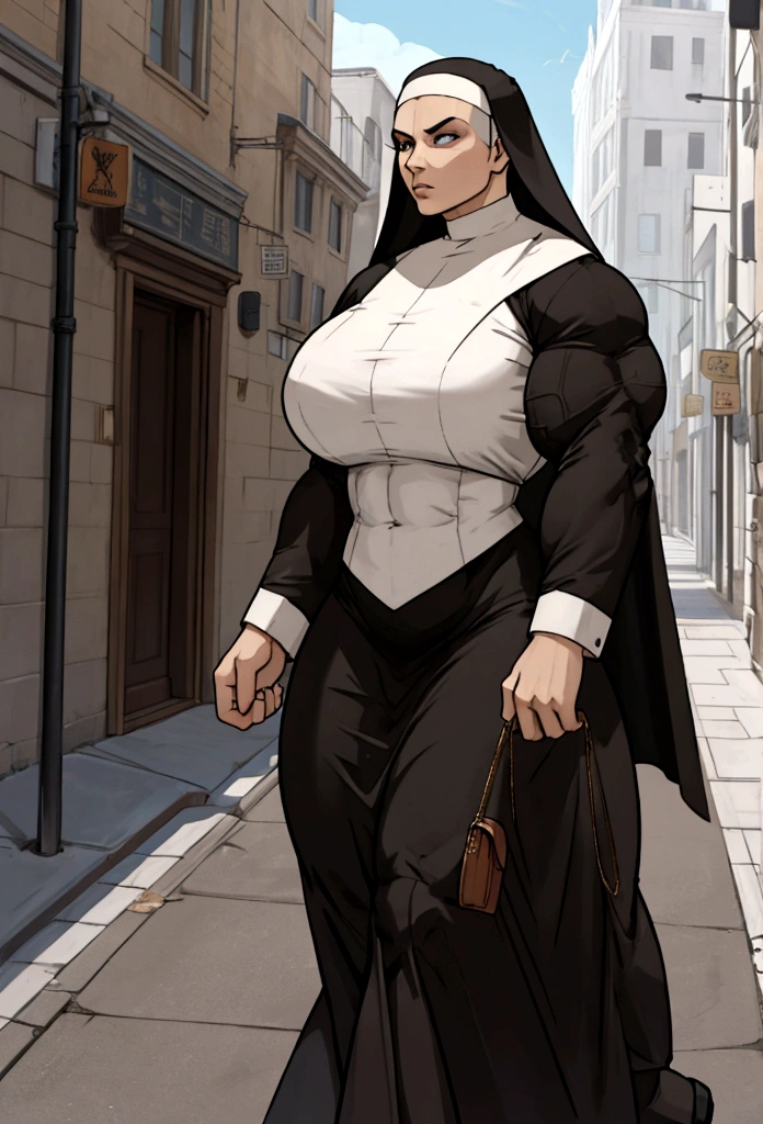 hypermuscular woman nun walking at city