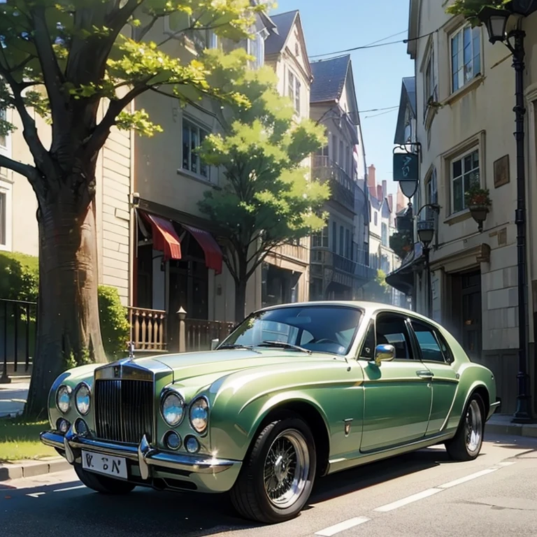 Beautiful scene of a morning day in a old town with a car, bentley, rolls royce, bmw, trees, street