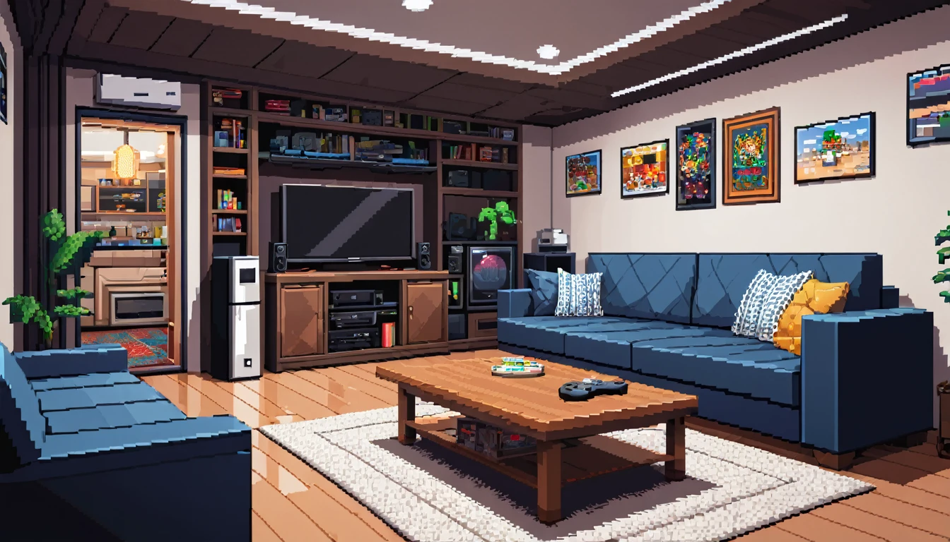 The basement room is decorated in a minimalist modern style with a TV, refrigerator, sofa, pendant lights, a small wooden table, gaming console with controller and a carpet in the center, pixel art,HDR,8k,high quality,photorealistic,detailed interior,masterpiece