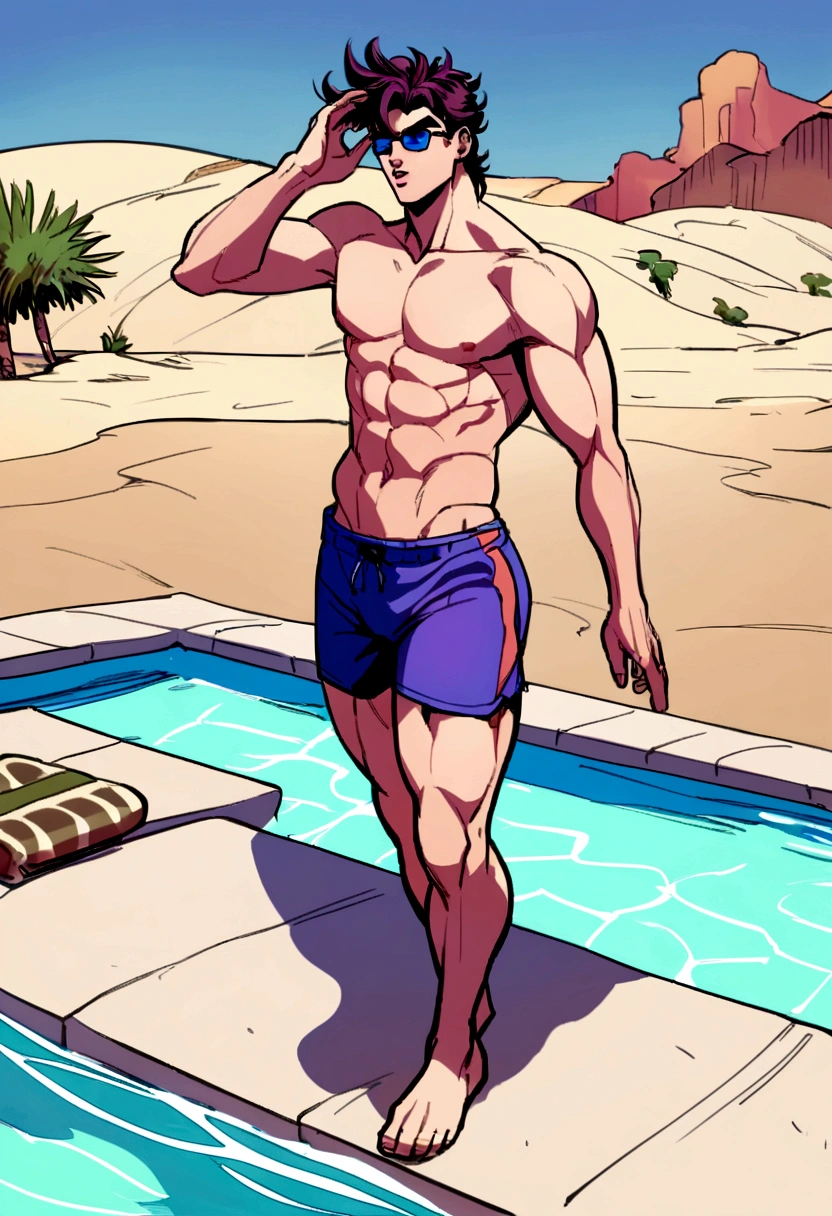 old Joseph Joestar from jojo bizzarre adventure shirtless, thin body without defined muscles and little muscle volume, he is shirtless and wearing swimming trunks and sunglasses in a pool in the middle of a desert

