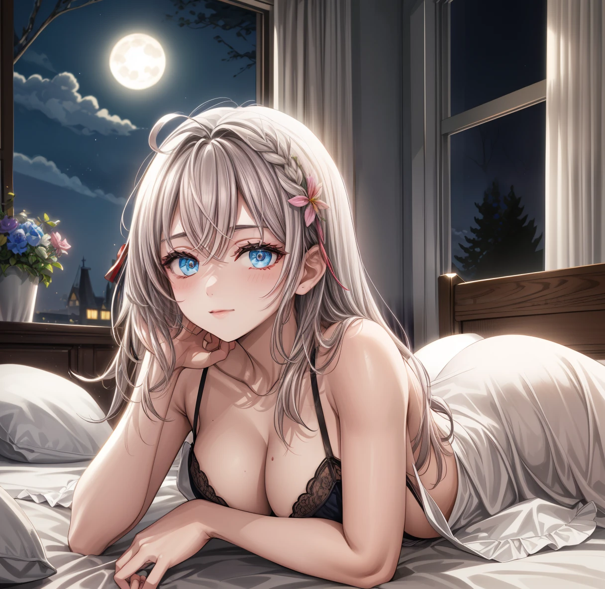 Confused, High resolution, Very detailed), 1 female, Silver Hair, Long Hair, Reddish brown eyes, Nude, nipple, pussy, Beautiful breasts, Thin legs, spread legs, orgasm face, secretary, Low Ponytail, 24th generation, Beautiful woman, mature, quiet, Calm, bedroom, Large windows, (pussy juice), Night View,