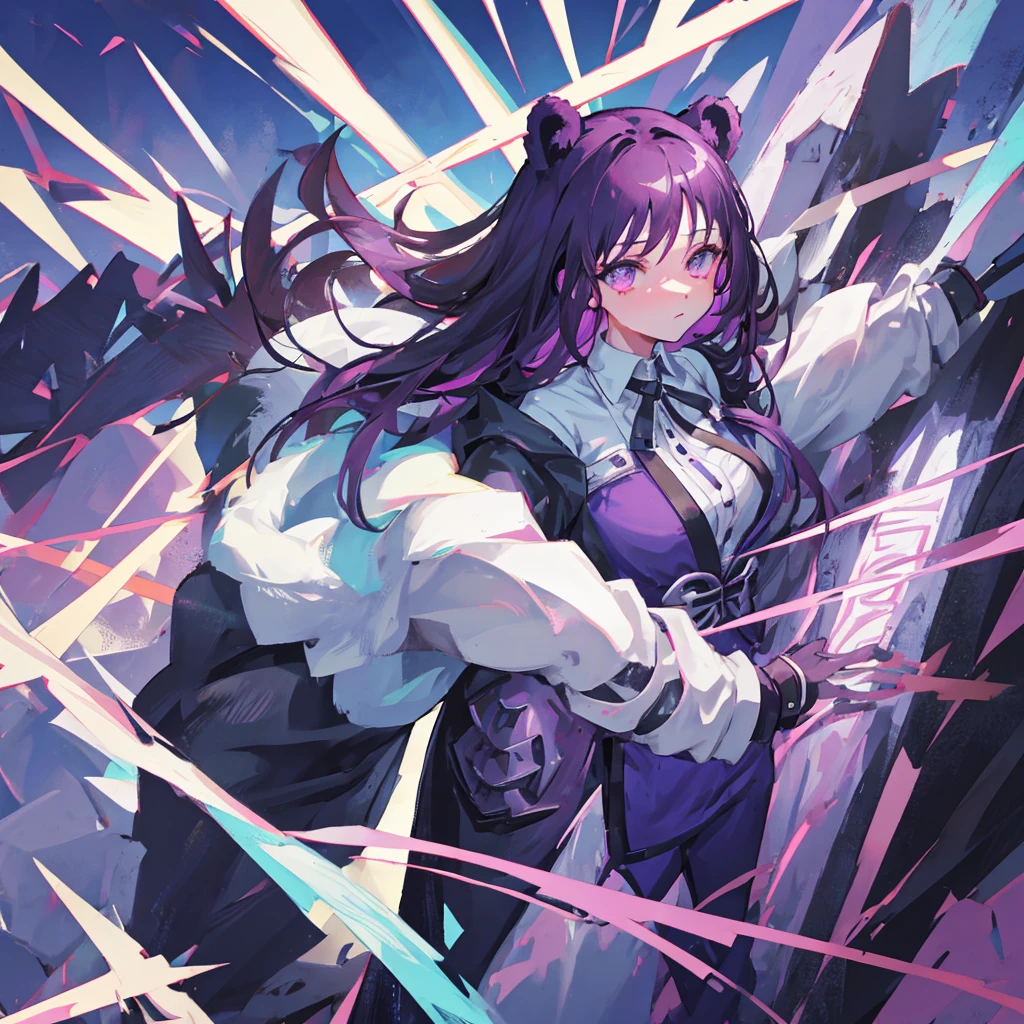 a female character for a soul eater style anime with these characteristics:

- A bear-woman demi-human (just bear paws and ears)
- Scar on the cheek and neck - Lifeless dark purple eyes and short dark purple hair - An extremely tired look - Above average breasts, while the rest of the proportions are average - His clothes are leather armor with iron plates on his chest, shoulders,knees."