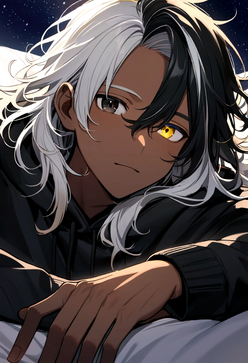 white  shirt, wearing a black hoodie , yellow and black eyes heterochromia , Calm expression, Messy hair , Medium length hair , masculine , multicolored black and white hair , two tone hair , dark skin color, while lying down looking at the starry sky