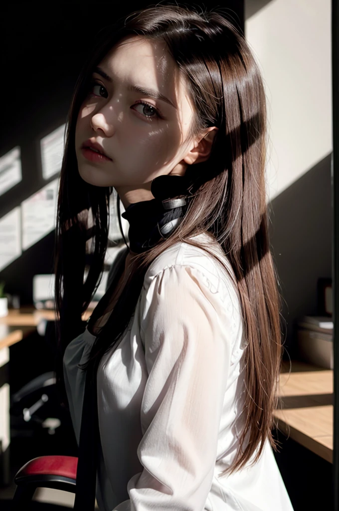 girl with long brown hair, white blouse, office, black walls, serious atmosphere, sunlight