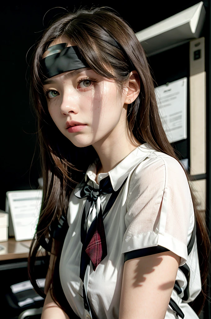 girl with long brown hair, white blouse, office, black walls, serious atmosphere, sunlight