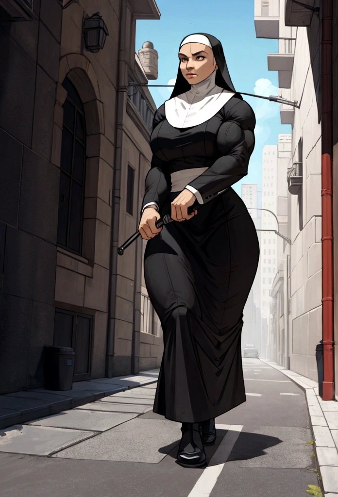 hypermuscular woman nun walking city