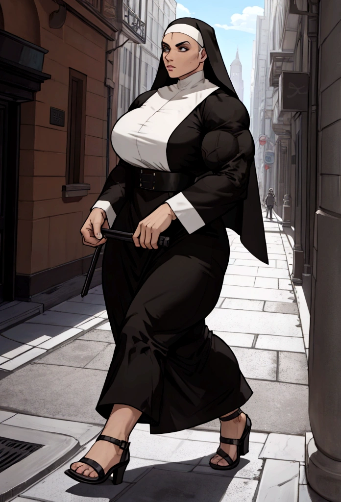 hypermuscular woman nun walking city