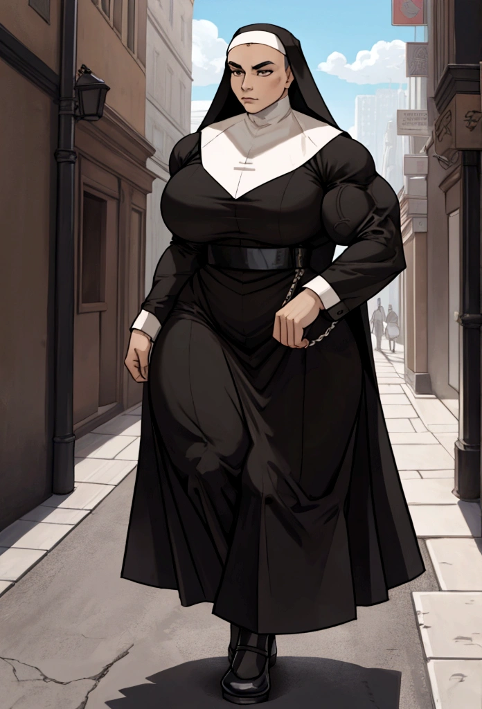 hypermuscular woman nun walking city