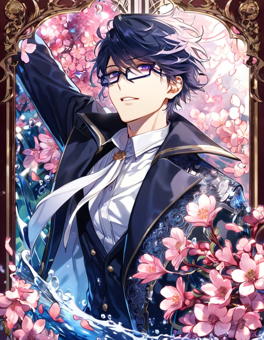 absurdres, highres, ultra detailed, HDR, master piece, best quality, Munakata Reisi, messy hair windswept, dark black blue tinted hair, expressive purple eyes, K Project, rectangular-shaped glasses, a high collared long-sleeved dark blue trench coat, underneath his intricate coat, white shirt with an upturned collar, a fancy cravat, solo, sexy man, handsome, fantasy, shining, water, pink flowers, pink blossoms, pink butterflies, pink petals