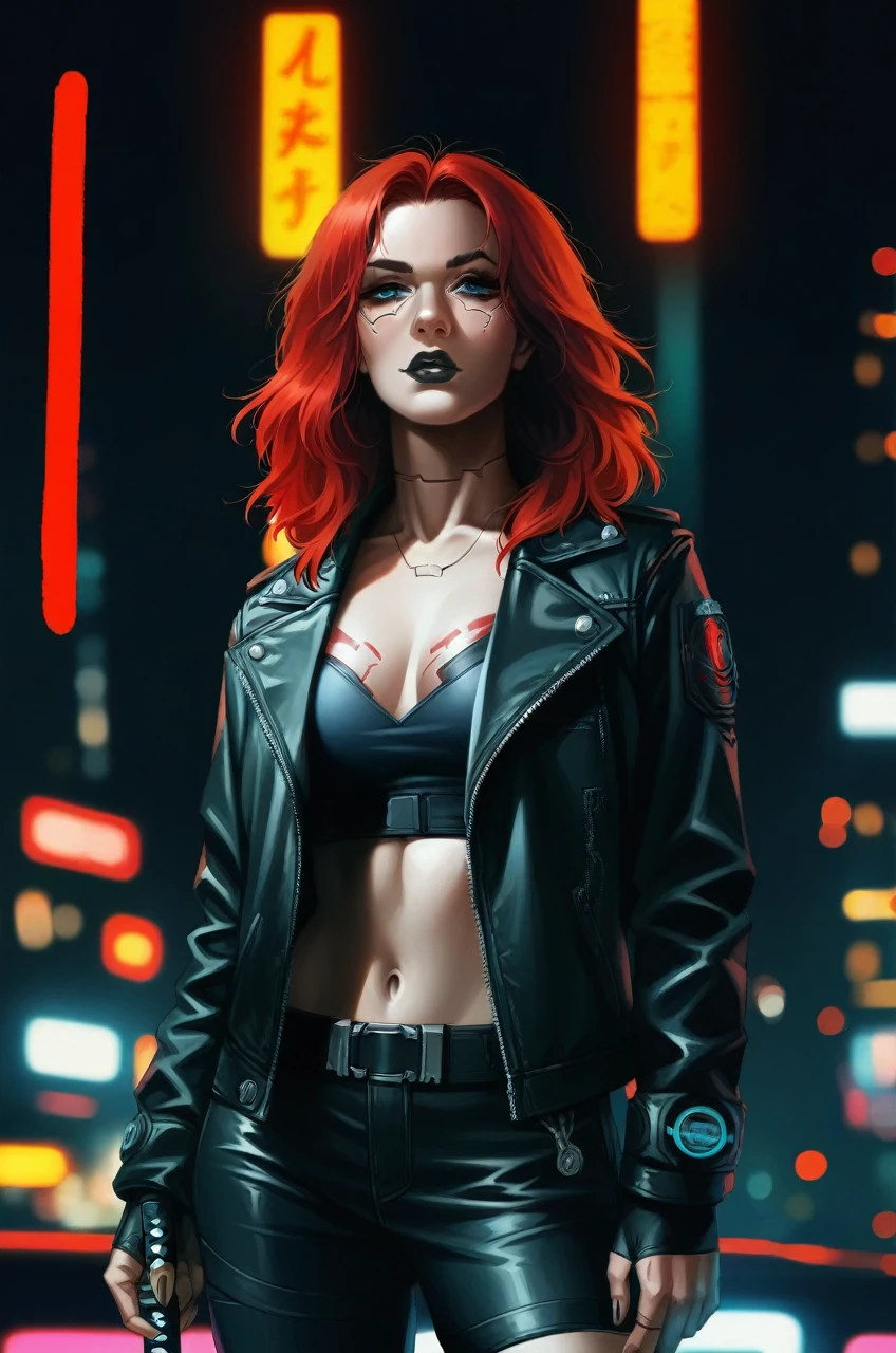 Girl with red hair, black lips in cyberpunk 2077 style in a bar. The girl is wearing a leather jacket with long sleeves and a short leather skirt. Emphasis on red. In her hand she has a katana, a black katana with a red blade.. realistically