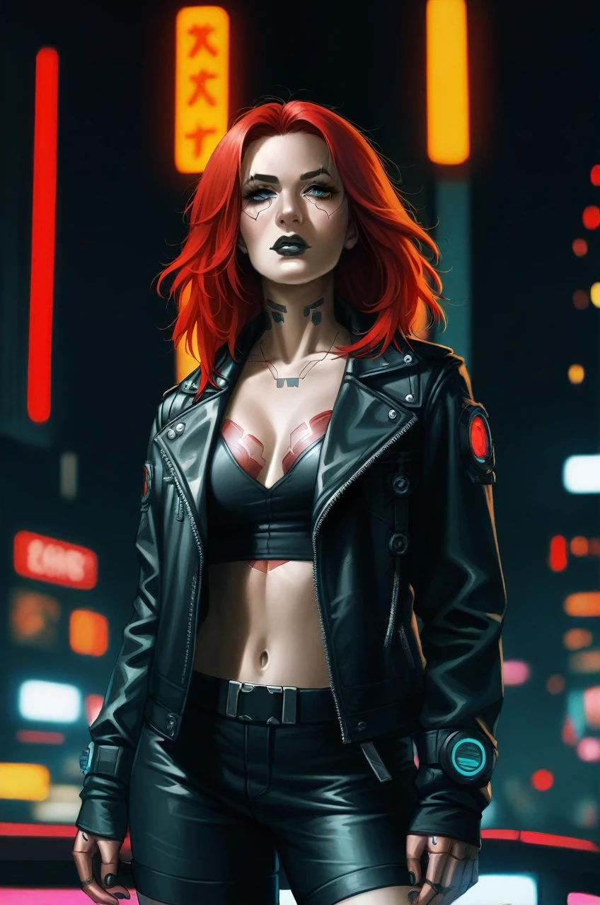 Girl with red hair, black lips in cyberpunk 2077 style in a bar. The girl is wearing a leather jacket with long sleeves and a short leather skirt. Emphasis on red. In her hand she has a katana, a black katana with a red blade.. realistically