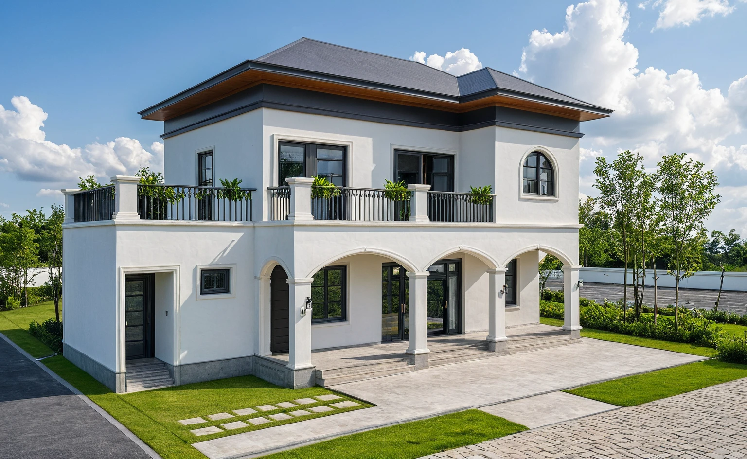 Masterpiece, high quality, best quality, authentic, super detail, outdoors, onestoreyvillaXL, aiaigroup, house style modern on the street ,stairs, white wall ,road,pavement, grass, trees, sky, cloud, (daylight:1.1)