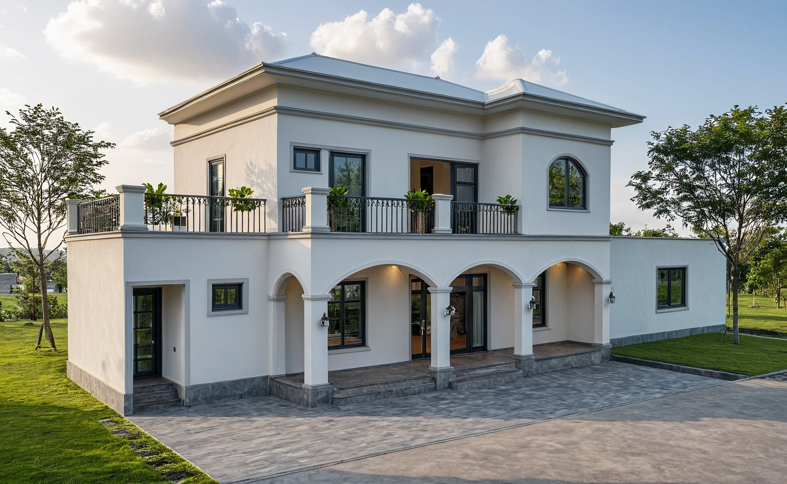 Masterpiece, high quality, best quality, authentic, super detail, outdoors, onestoreyvillaXL, aiaigroup, house style modern on the street ,stairs, white wall ,road,pavement, grass, trees, sky, cloud, (daylight:1.1)