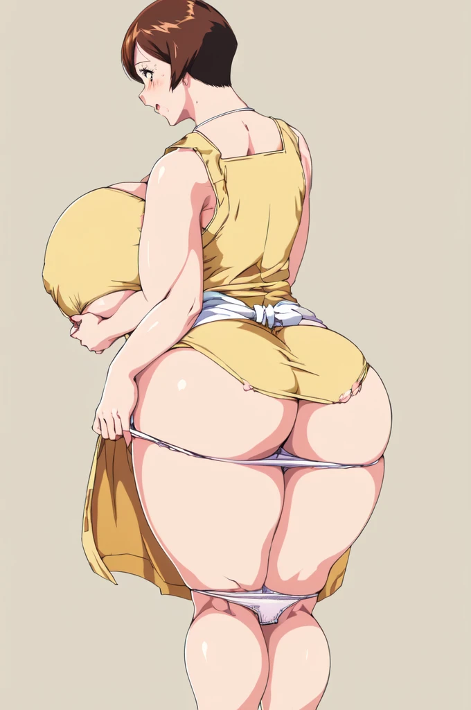 masterpiece, highest quality, High resolution, One girl, alone, ??????????????????, Pornographic images, short hair, etsukoto, Brown eyes, fine grain, fine grain, (((Thick thighs, Plump thighs, Voluptuous thighs, Thighs alone are enough))), Huge and ample ???????, Cleavage, Huge long ???????, Naughty big,((??????????? are important))、((Naughty thighs)), L Cup, (thin:1.4),(Tight waist:1.4),  (yellow dress:1.4), ((white waist apron, white ?????), Embarrassed look, blush, (((Simple Background))), ((Wide ????)), Shiny, Oily skin, Mature mother, Calf, Seductive mature woman, Perfect body, Plus Size Model, curvy, ample, etsukoto, blush, clavicle, retro artstyle, 1990s (style), (thick thighs:1.4), (((bursting ??????))), ((????? pull, ????? drop)), ???????????, back view, (from side:0.8), (????),