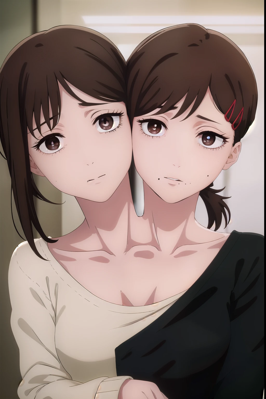 kobenihigashiyama, kobeni higashiyama, black hair, hair ornament, hairclip, mole, mole under eye, ponytail, short hair, (brown eyes:1.5),
BREAK sweater, boatneck, long sleeves, pants, collarbone,
BREAK indoors, office,
BREAK looking at viewer, upper body,
BREAK (masterpiece:1.2), best quality, high resolution, unity 8k wallpaper, (illustration:0.8), (beautiful detailed eyes:1.6), extremely detailed face, perfect lighting, extremely detailed CG, (perfect hands), conjoined_dicephalus, (two heads:1.3)