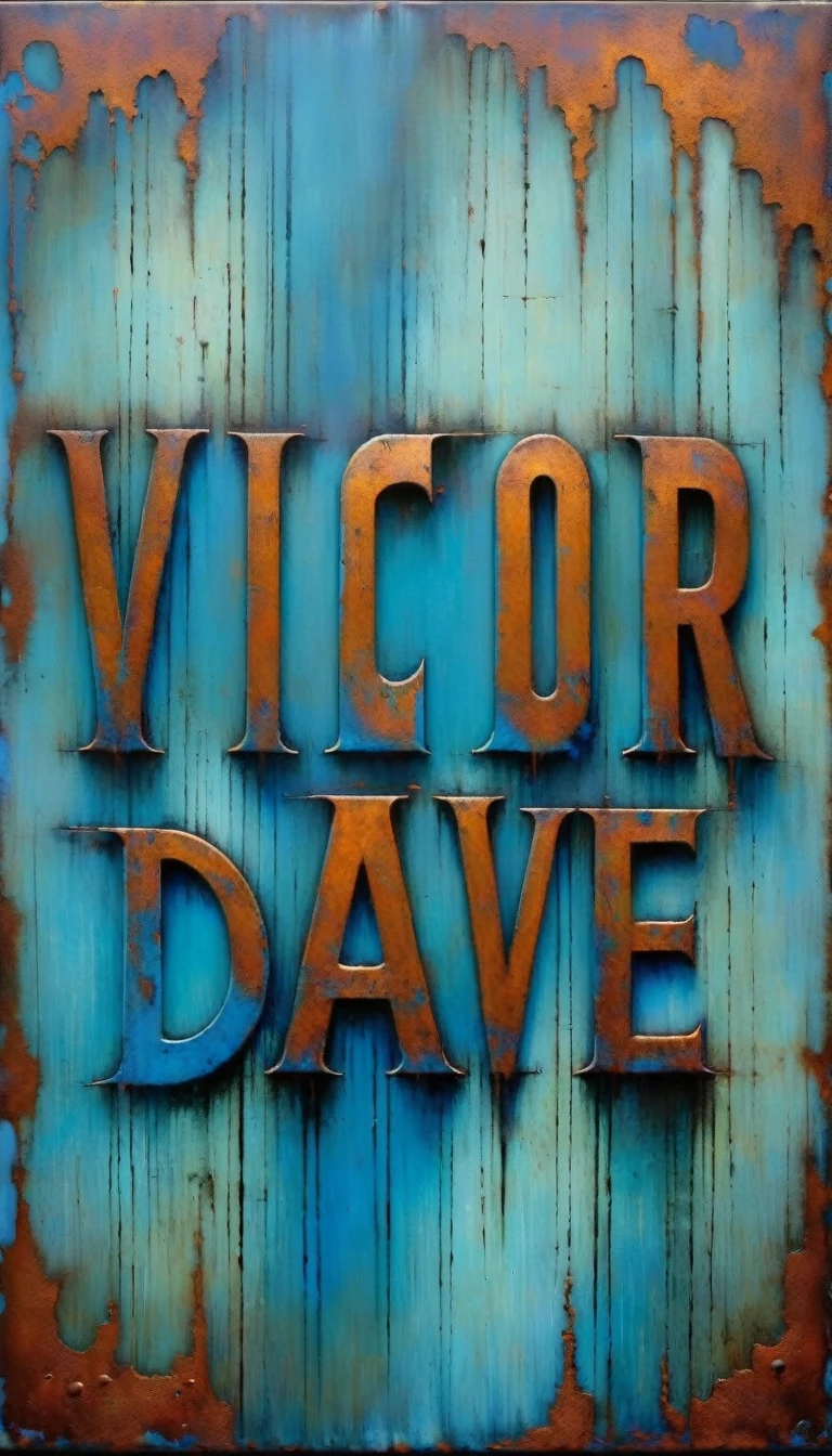 rusty blue sign with text: "VICTOR", metallic blue letters, (Dave Mckean inspired art, intricate details, oil painting)