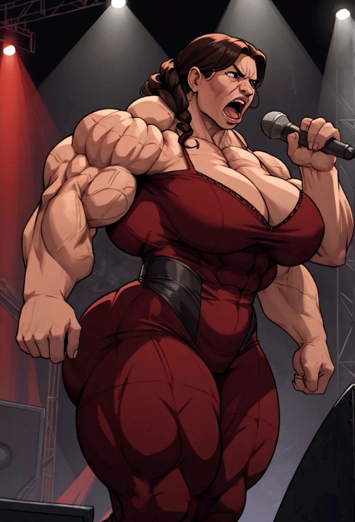 huge mom woman with muscles  sings angry on stage
