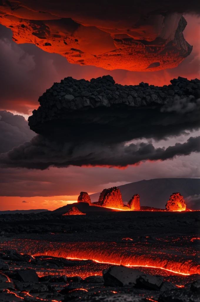 Background of rocky ruins and lava with dark sky and red clouds