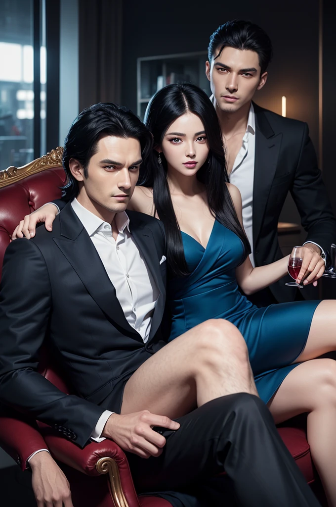 novel cover, manhwa style, vibrant colors, tall mafioso man with straight black hair and intense golden eyes, the man is smiling seductively, his body is muscular, he wears elegant clothes, he is sitting in a luxury red armchair, and in his On his lap is a beautiful young woman, the woman has black hair with white highlights and blue eyes, she is wearing a beautiful elegant blue dress, the woman is sitting on his lap, the man has a glass of wine in his hand and the other is on the young woman's waist, perfect picture quality, dark office background, dark and seductive art