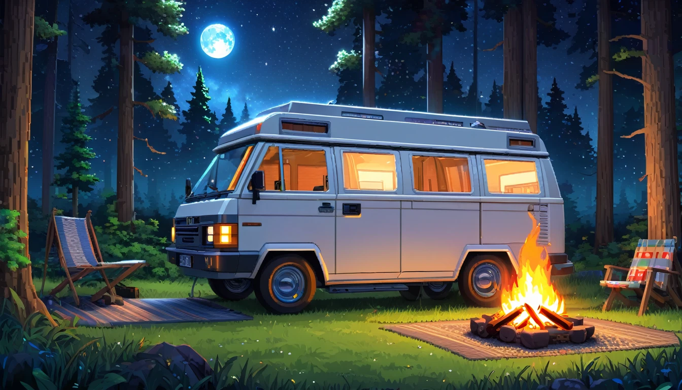 a detailed advance futuristic camper van in a grassy forest clearing at midnight,full moon shining bright, starry sky, campfire, man sitting,pixelart,HDR,8k,high quality,photorealistic,detailed interior,masterpiece