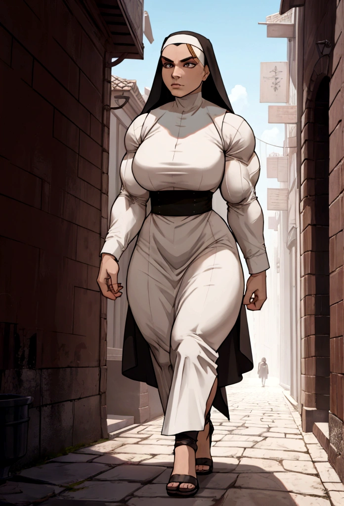 hypermuscular woman nun walking city