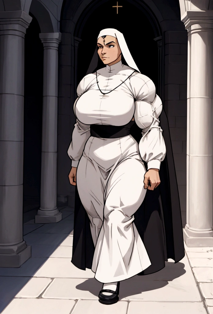 hypermuscular woman nun walking city