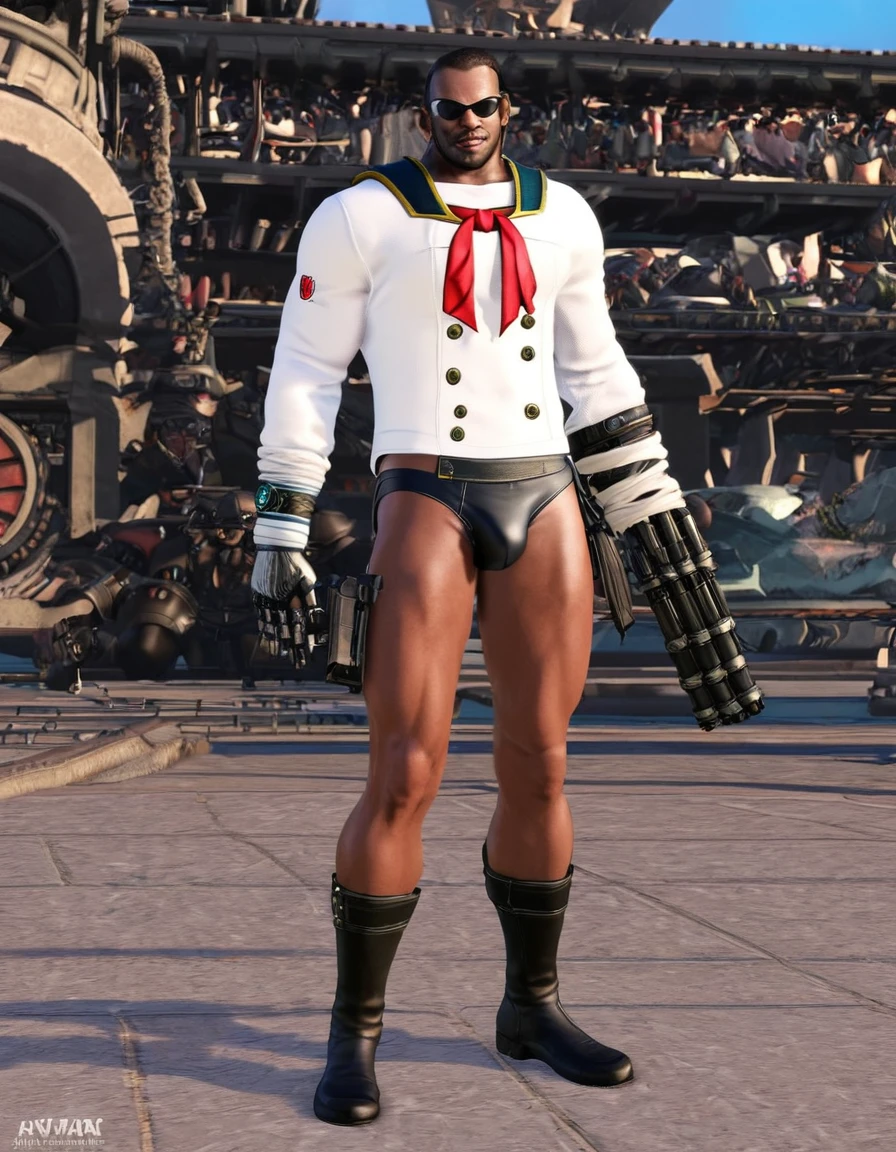 barret, dark skin male with gun arm and tattoo, sunglasses , ( top sailor ) , no pants , black leather briefs , full body , black boots , bulge