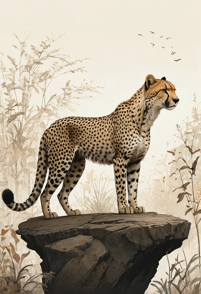 A Cheetah, by Jon Klassen, best quality, masterpiece, very aesthetic, perfect composition, intricate details, ultra-detailed