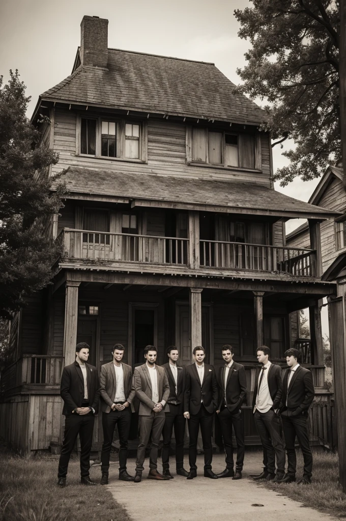 Young men gathered in front of a haunted house
