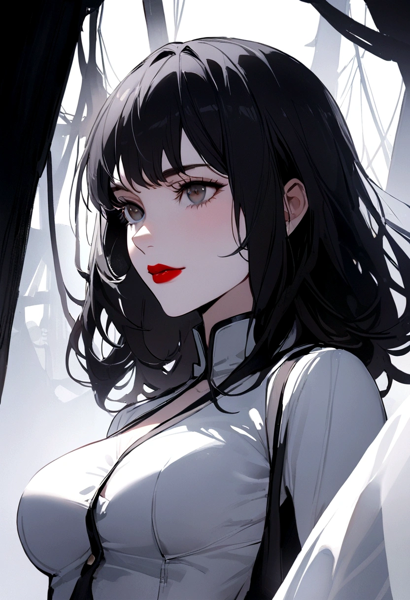 highest quallity, realisitic, very detailled, high resolution, 8 k wallpaper, RAW Photos, professional photograpy, realisitic, 1 girl, (((black and white photography))), (((Just red lips))), trunk, shorth hair, Bob Hair, slickedback hair, Small, shapely breasts, face perfect, (close do rosto), ((looking at the camera)), (from low)
