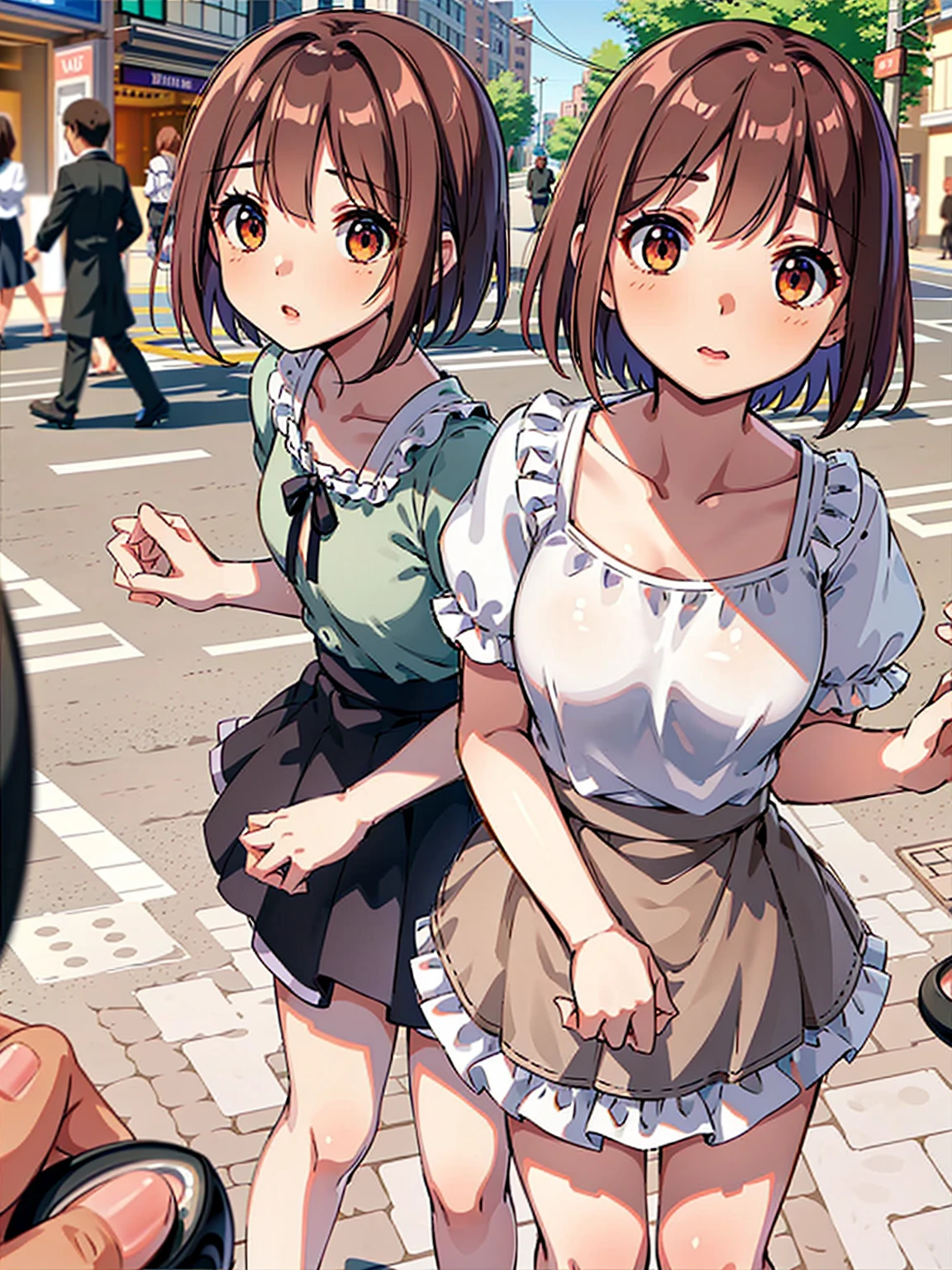 Regular pantyhose、Ultra-detailed、masterpiece、Highest quality、Ultra-high resolution、In 8K、high resolution、Detailed eyes、Gradation、Perfect anatomical figure ,hard disk、Hmph , Nikon Z9 80mm Lens 、Tabletop、Cinema Lighting, Physically Based Rendering, Award-winning, Highly detailed skin, Highly detailed face, Beautiful eyes in every detail、White Lace Lingerie Panties、Fancy panties、Detailed Panty Pattern、Panty Focus、(Pink cotton tight mini skirt), Light orange tank top、10-year-old female, (Beautiful light brown hair, High Ponytail、Looking into the camera、Daytime street、Bright sun、crotch grab,public