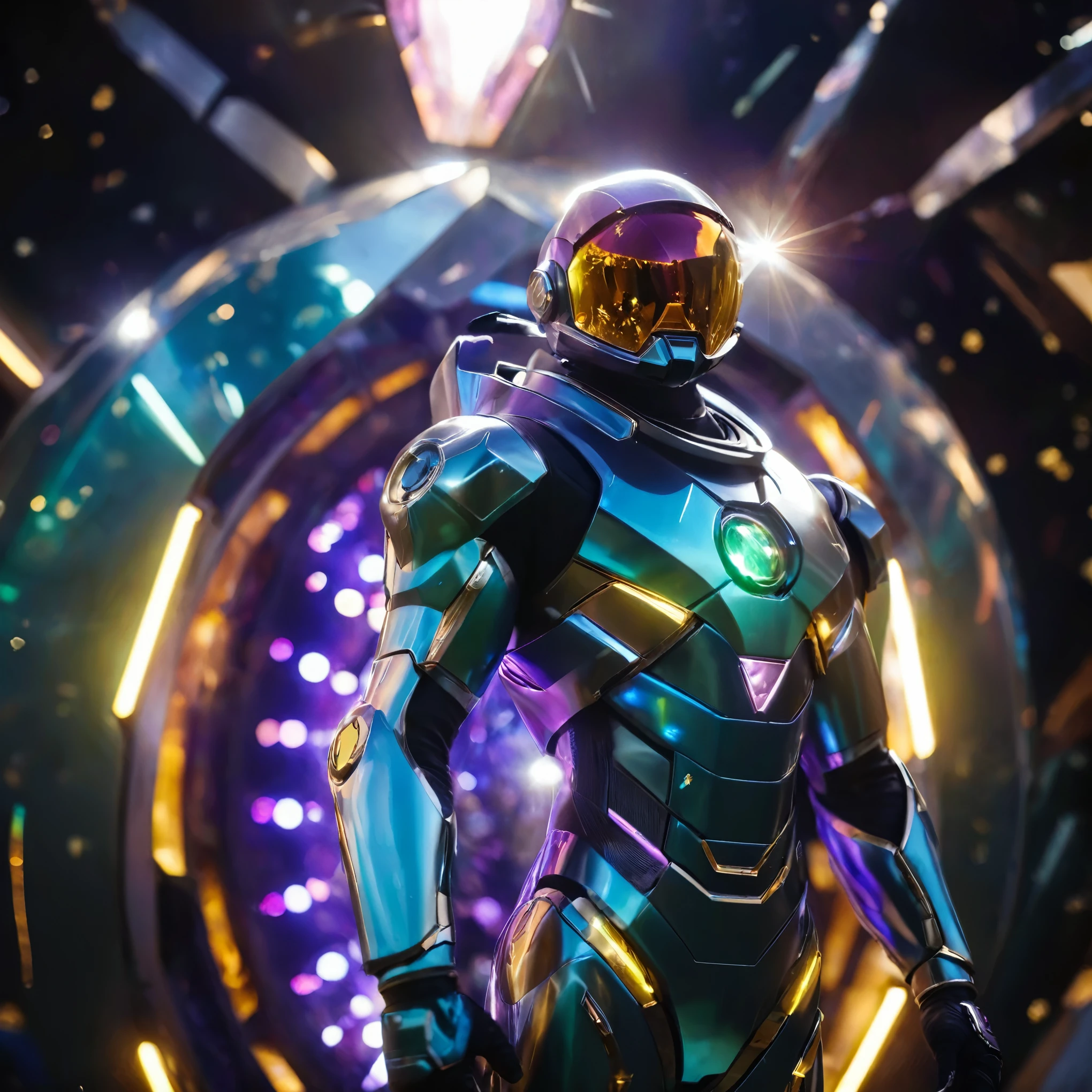 metallic spacesuit with glowing light background swirling  ((gems and crystals)) in space with broken gems, time dilation, cinematic, score_9, score_8_up, score_7_up, score_6_up, score_5_up, score_4_up