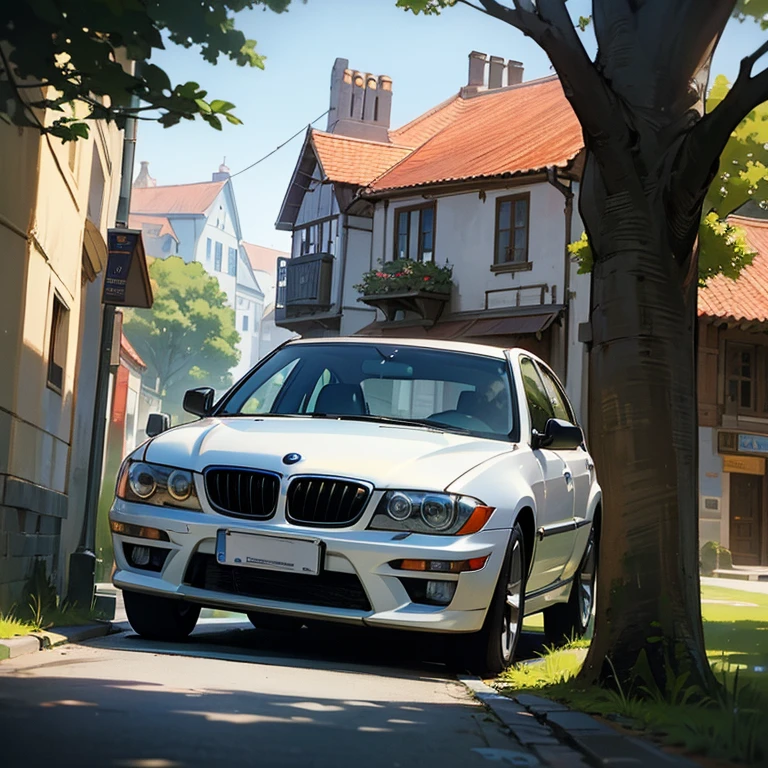Beautiful scene of a morning day in a old town with a car, bmw, trees, street 