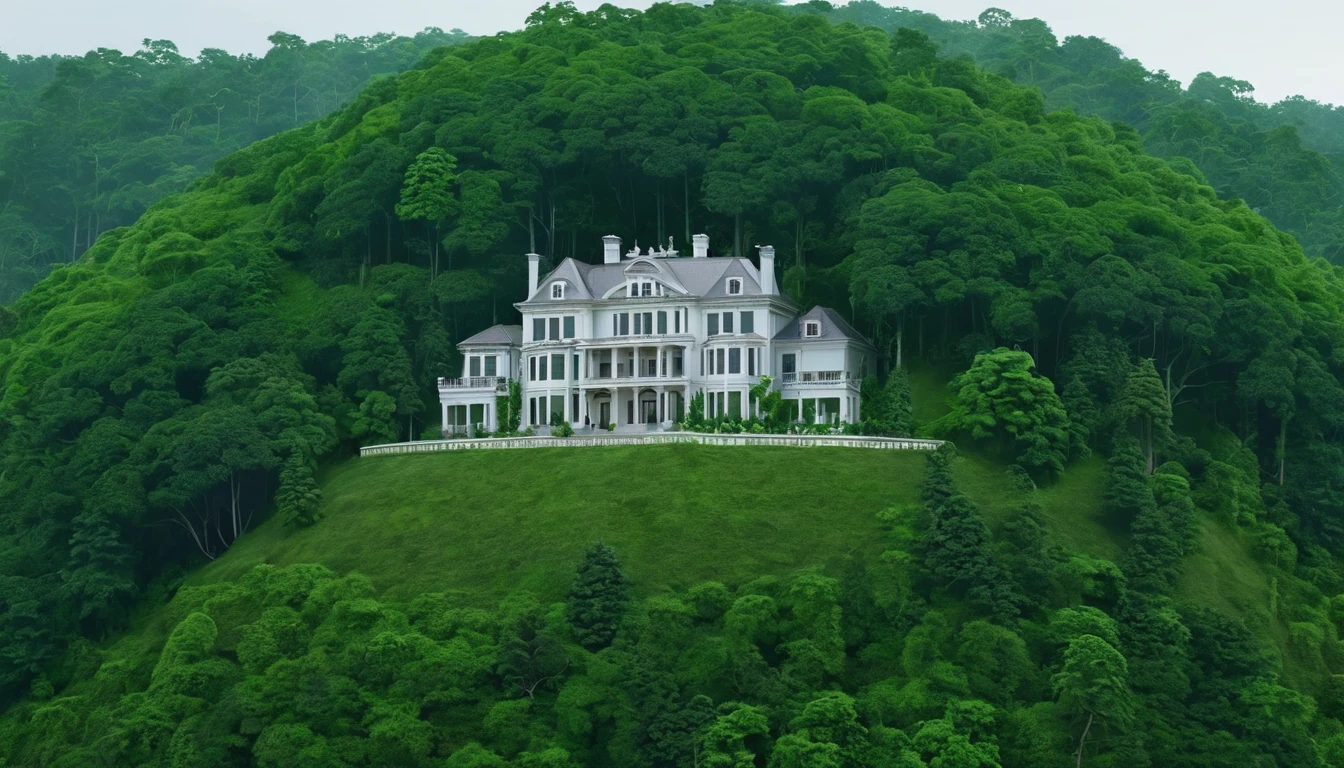 create the image of a mansion on top of a hill, surrounded by dense forest, 4k realistic