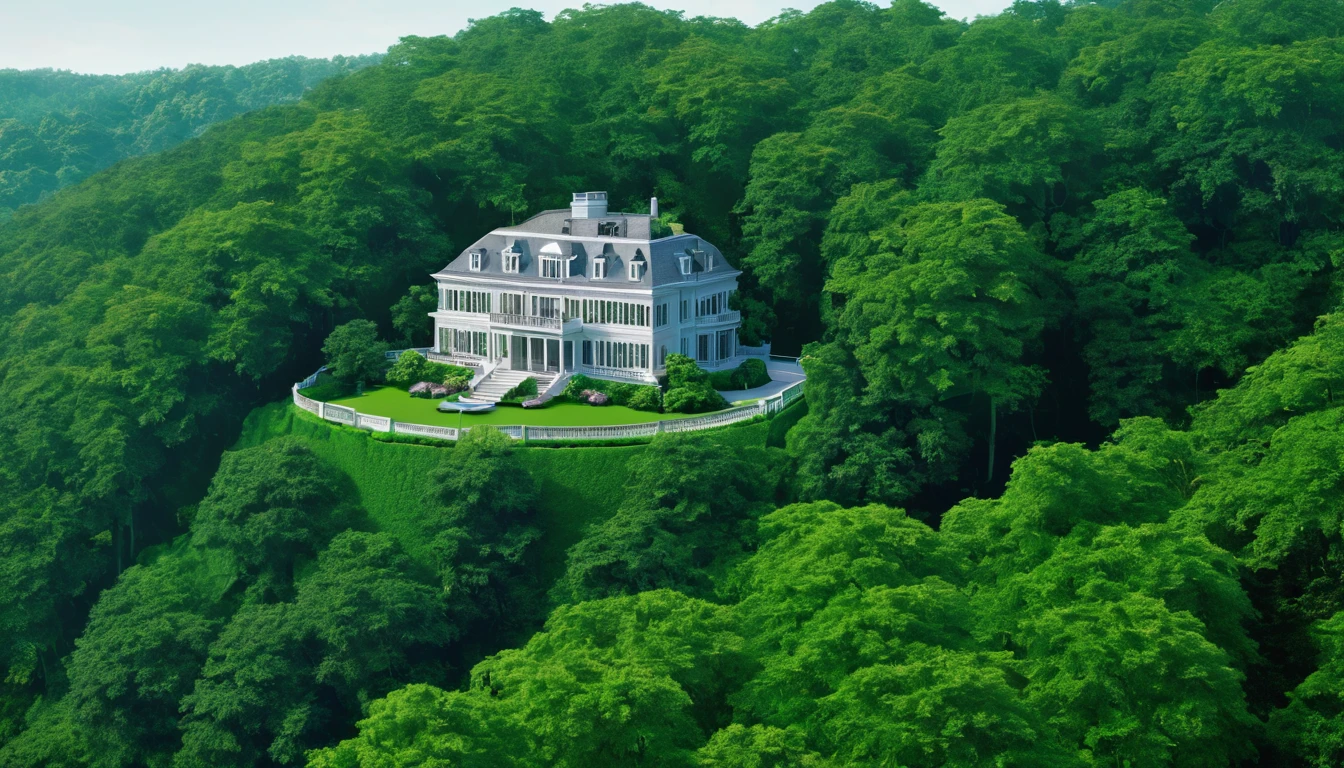 create the image of a mansion on top of a hill, surrounded by dense forest, 4k realistic