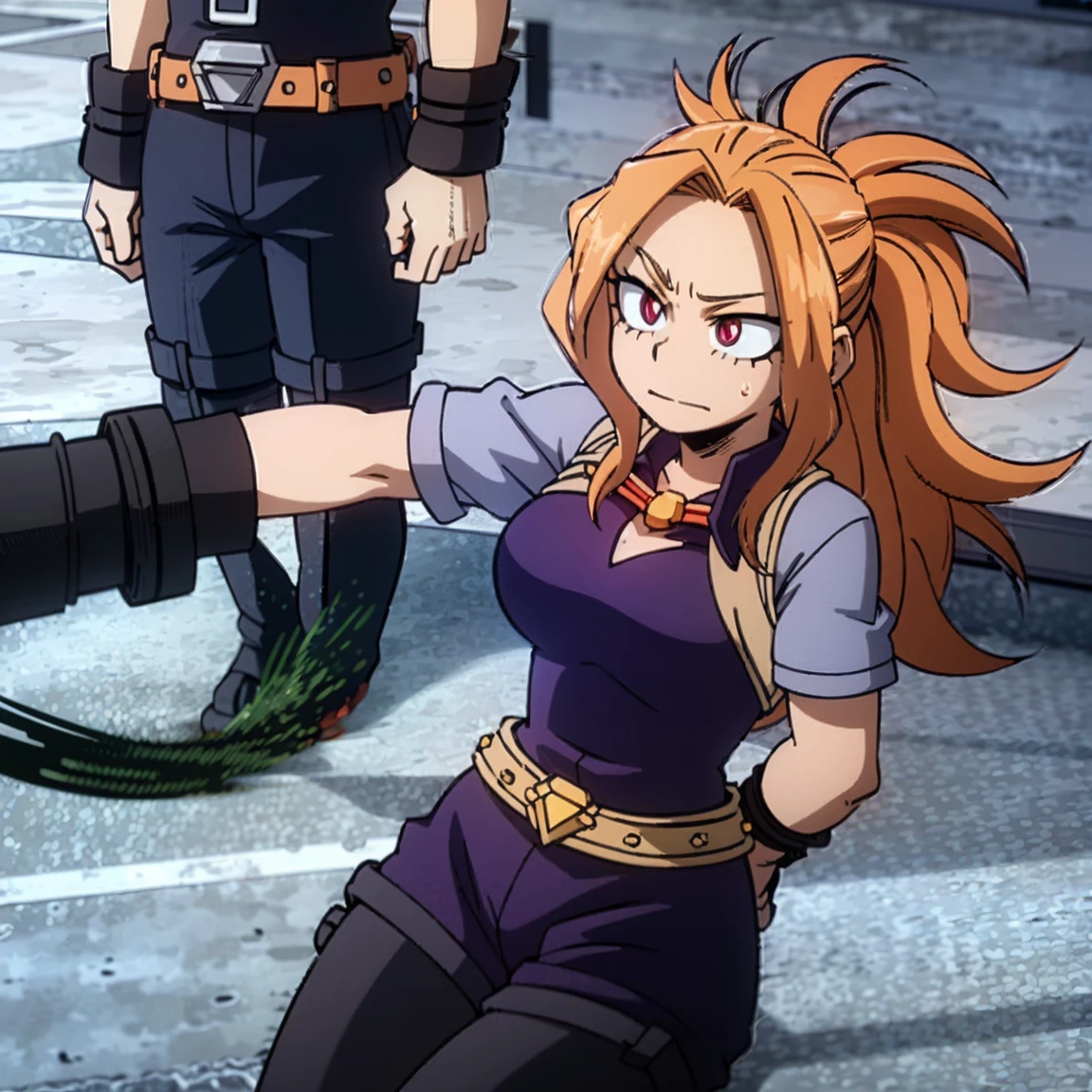 1girl, female focus, boku no hero academia, masterpiece, best quality, very aesthetic, cowboy shot, big breasts, ponytail curly hair, orange hair, dark pink eyes, smirk, red pendant, lavender jaket, dark purple shirt, purple shorts, pantyhose, fingerless gloves, belt, jewelry, spikes, boots 